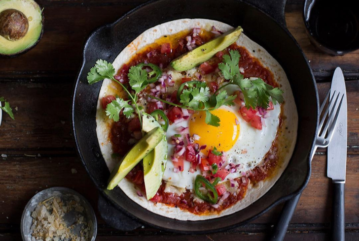 Hearty huevos rancheros, a pescatarian breakfast.