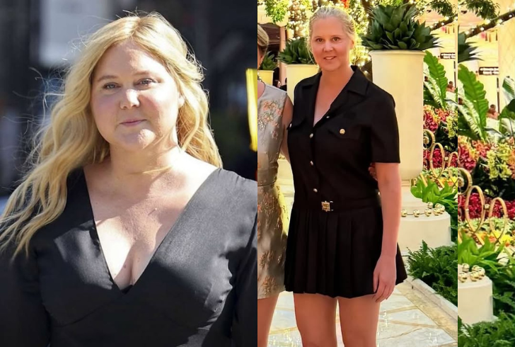 Amy Schumer posing in black dress