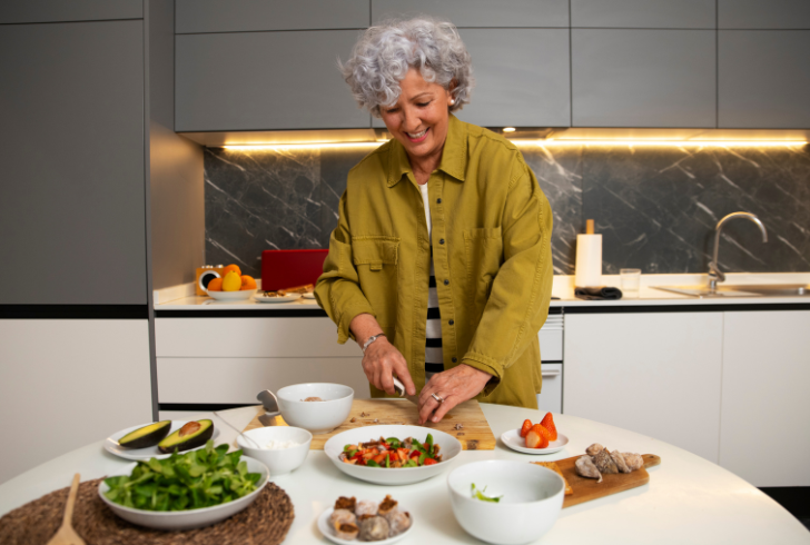Senior woman preparing balanced healthy meal